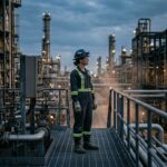 Industrial worker in PPE standing in a complex facility, representing workplace safety systems and behavioural safety in high-risk environments