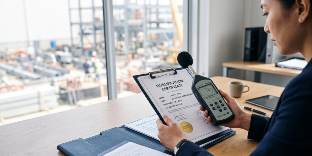 Occupational hygienist reviewing certification documents and calibrated monitoring equipment for Physical Agents Regulations compliance