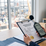 Occupational hygienist reviewing certification documents and calibrated monitoring equipment for Physical Agents Regulations compliance