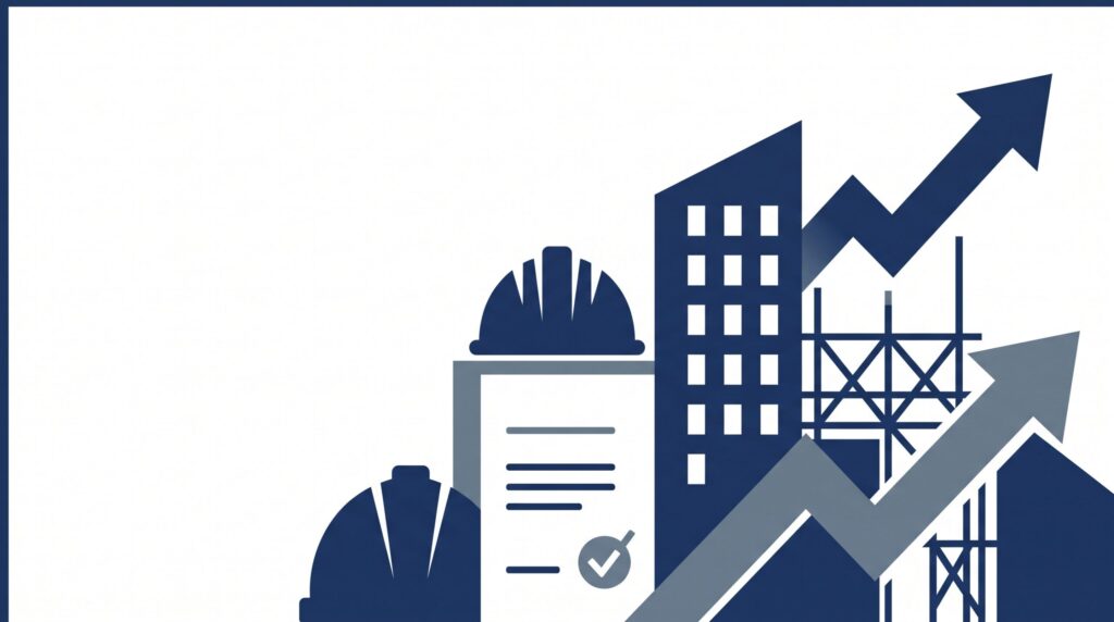 Illustration representing the evolution of South Africa's Construction Regulations from 2003 to 2014 to the 2025 draft, featuring a hard hat, building silhouette, and compliance document icons