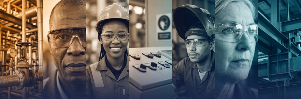 A diverse team of South African HSE and industrial professionals in safety gear across manufacturing and industrial environments, representing AOAL Consulting Services' Quality, Health, Safety, and Environmental (QHSE) and legal compliance expertise