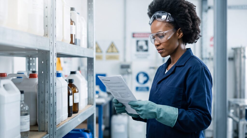 An HSE professional in chemical-handling PPE reviewing a safety data sheet in an industrial storage setting, representing AOAL's article on South Africa's Hazardous Chemical Agents Regulations