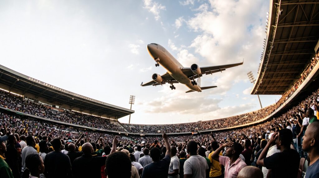 Illustrative image of a commercial jet flying low over a crowded stadium, representing AOAL's commentary on the SACAA investigation into Airlink's low-altitude flyover at a Springboks vs All Blacks match